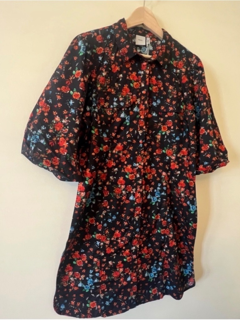 ICHI Kalo Floral Puff Sleeve Cotton Mini Shirt Dress NWT Sz 36 / US Small - Picture 3 of 8